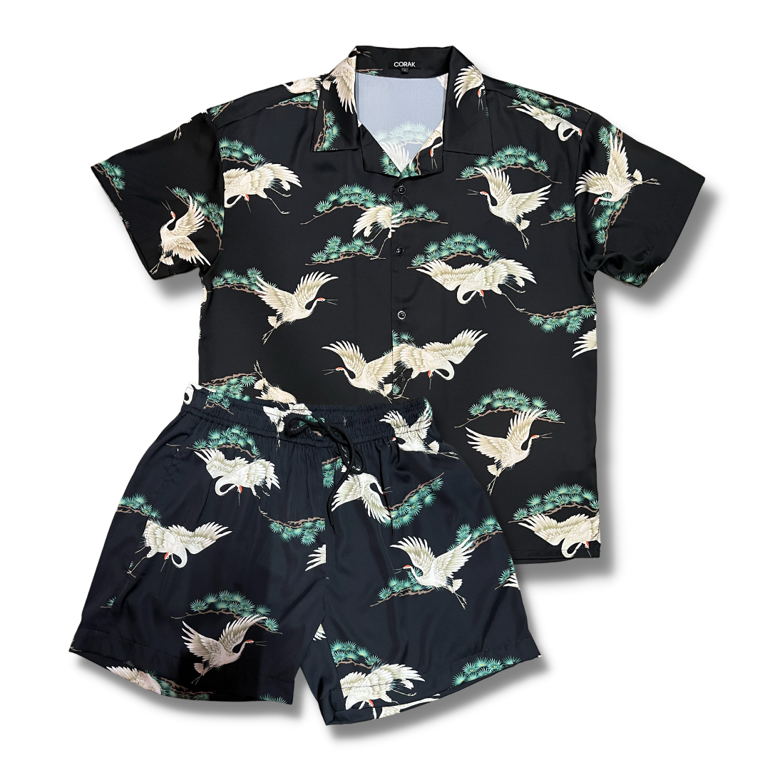Black Sky Crane Hawaiian Set