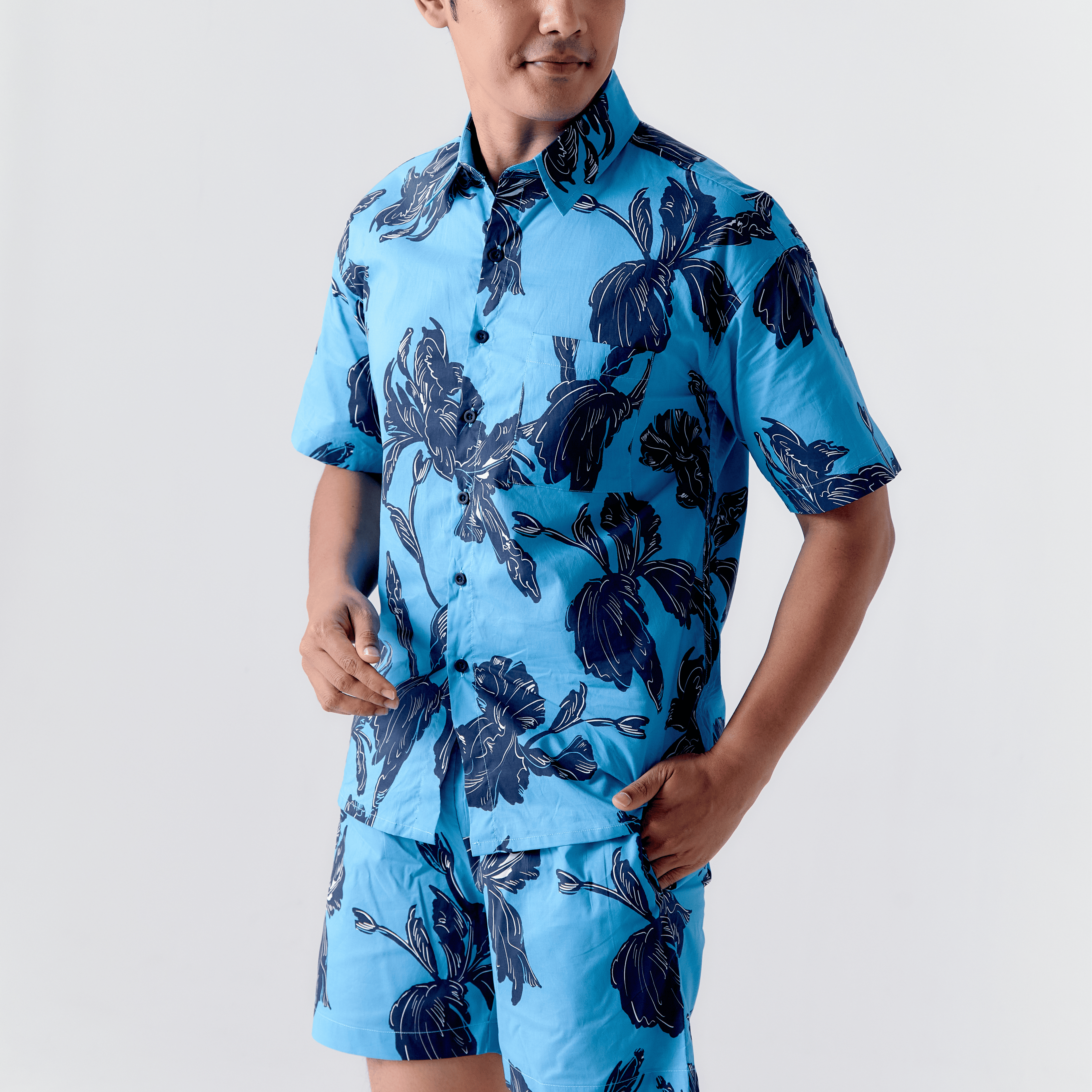 Batik Navy Leaves Shirt / Shorts
